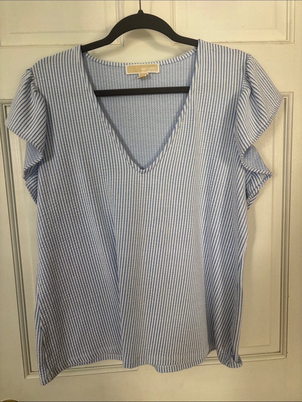 MICHAEL Michael Kors Light Blue & White Striped V-Neck Flutter Sleeve Top